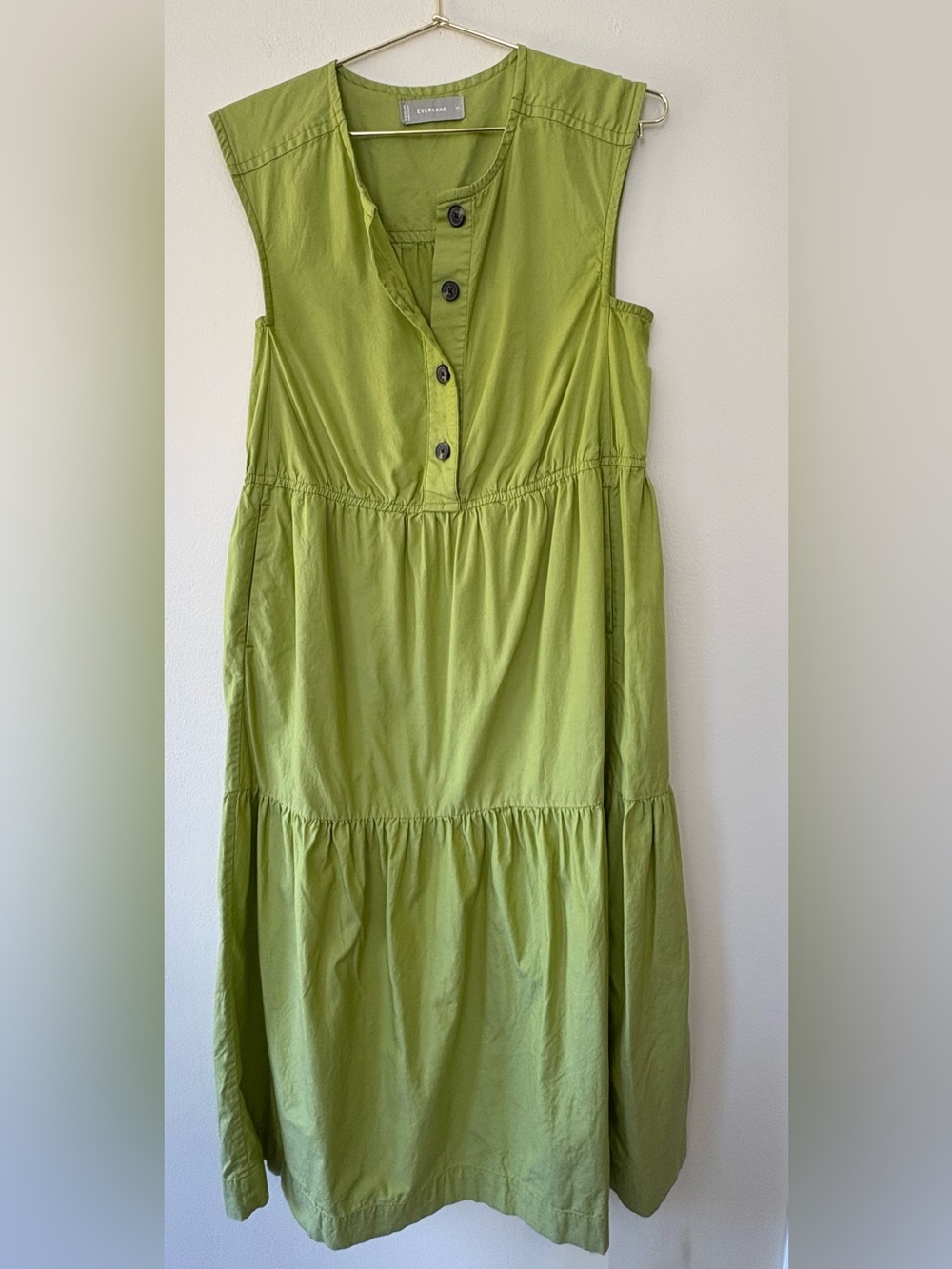 Everlane Green Tiered Midi Dress Sleeveless Pockets XS 100% cotton